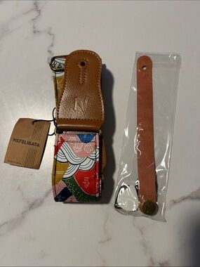Multicolor Patterned Camera Strap with Tan Leather Accents